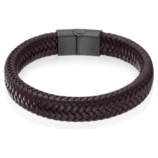 Gevlochten Leren Armband Heren Edelstaal Sluiting Bruin Zwart-18.5cm