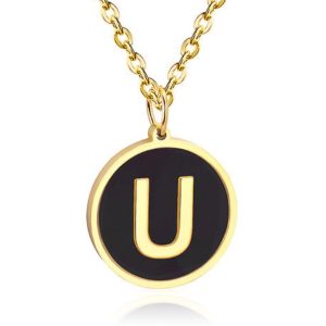 Goudkleurige Dames Schakelketting met Zwarte Kettinghanger Letter U
