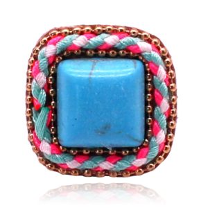 Handgemaakte verstelbare vierkante multicolor ring van leer met touw en turkoois
