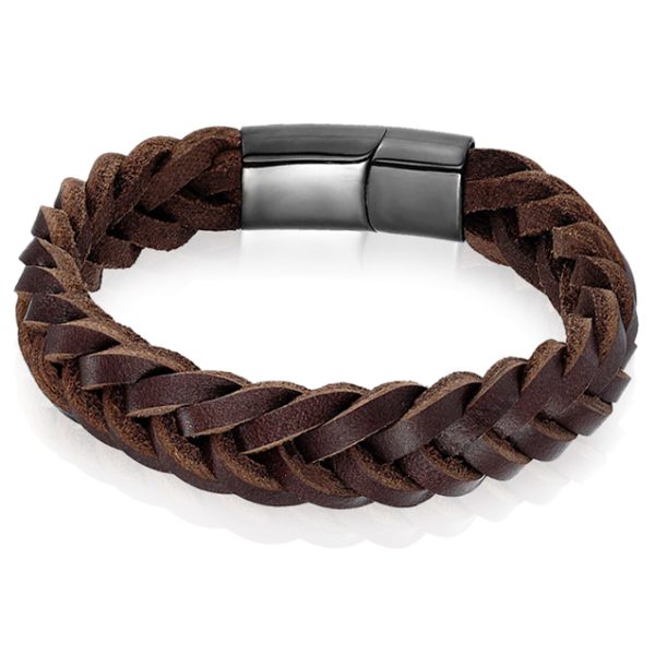 Heren armband LGT Jewels Gevlochten Leer Edelstaal Bruin Zwart-19cm