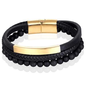 Heren armband Memphis Agaat kraal gevlochten leer Goudkleurig Zwart - 19cm