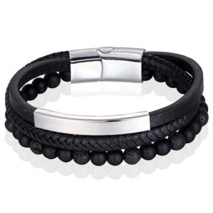 Heren armband Memphis Agaat kraal gevlochten leer Zilverkleurig Zwart - 21cm