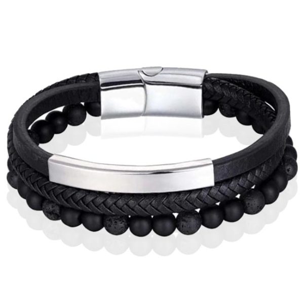 Heren armband Memphis Agaat kraal gevlochten leer Zilverkleurig Zwart - 21cm