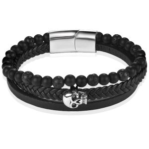 Heren armband Memphis Agaat Skull Gevlochten Leer Zwart-20.5cm