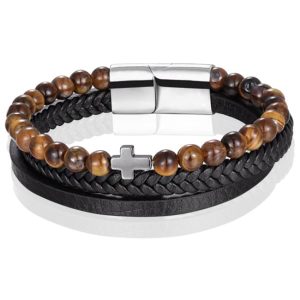 Heren armband Memphis Tijgeroog kraal gevlochten leer Kruis Zilverkleurig Bruin Zwart - 19cm