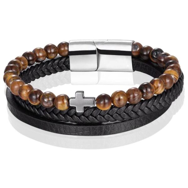 Heren armband Memphis Tijgeroog kraal gevlochten leer Kruis Zilverkleurig Bruin Zwart - 19cm