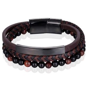 Heren armband Memphis Tijgeroog kraal gevlochten leer Zwart Bruin - 21cm