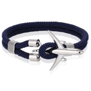 Heren Armband Paracord Vliegtuig Anker Zilverkleurig Blauw-19cm