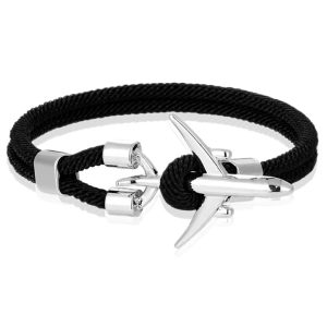 Heren Armband Paracord Vliegtuig Anker Zilverkleurig Zwart-21cm