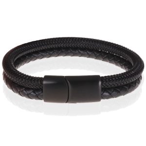 Heren armband Tom Jaxon Gevlochten Leer en Staal Zwart-23cm