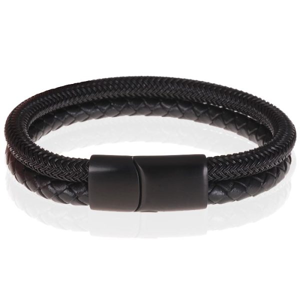 Heren armband Tom Jaxon Gevlochten Leer en Staal Zwart-23cm