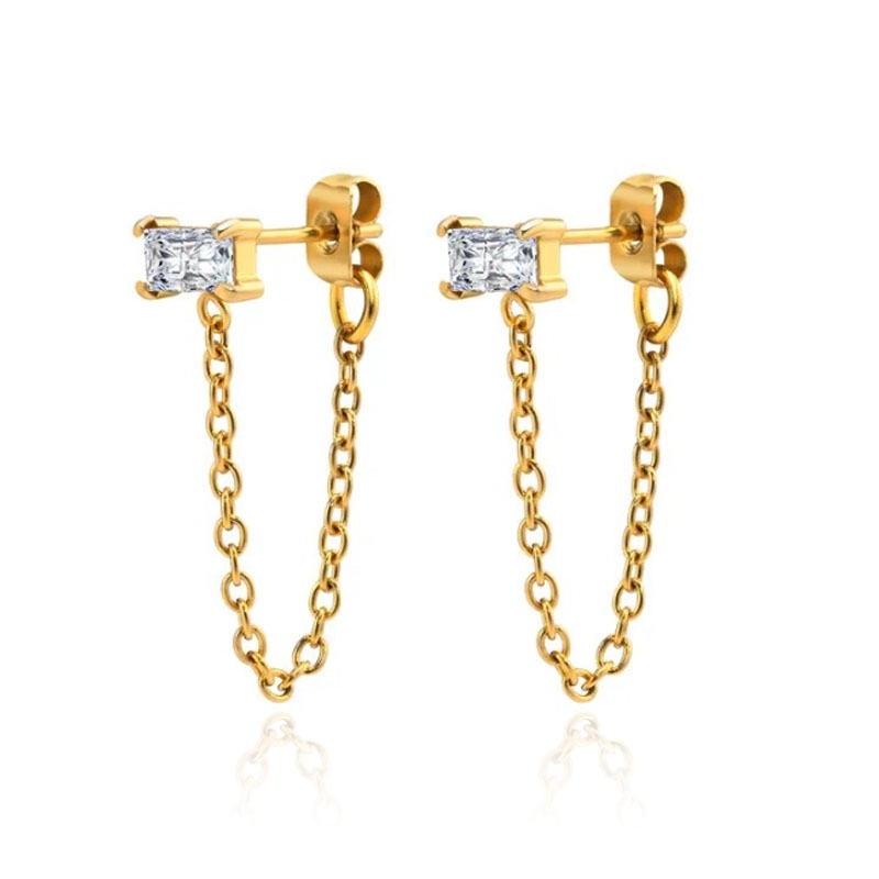 LGT JWLS Dames Oorbellen - Goudkleurig Roestvrij Staal met Transparante Zirkonia, Knop en Ketting 1 LGT JWLS Dames Oorbellen - Goudkleurig Roestvrij Staal met Transparante Zirkonia, Knop en Ketting