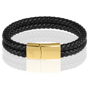 Memphis dubbele leren armband Zwart Goud-18cm