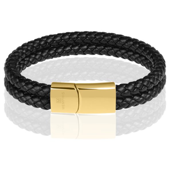 Memphis dubbele leren armband Zwart Goud-18cm