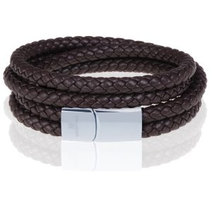 Memphis dubbele wrap armband Leer Bruin Zilver-20cm