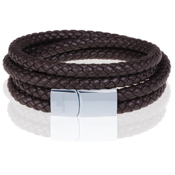 Memphis dubbele wrap armband Leer Bruin Zilver-20cm
