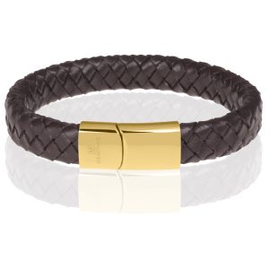 Memphis gevlochten leren armband Bruin Goud-18cm