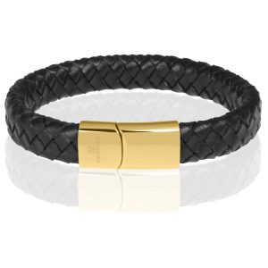 Memphis gevlochten leren armband Zwart Goud-18cm