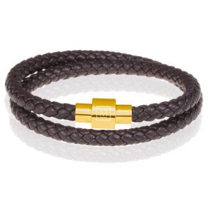 Memphis leren wrap armband Donkerbruin Goud-18cm