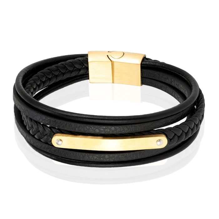Mendes Lederen Armband voor Mannen - Goud, Met Graveerplaat en RVS Sluiting-23cm 1 Mendes Lederen Armband voor Mannen - Goud, Met Graveerplaat en RVS Sluiting-23cm