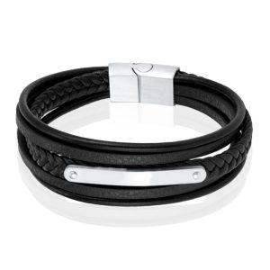 Mendes Lederen Armband voor Mannen - Zilver, Met Graveerplaat en RVS Sluiting-19cm