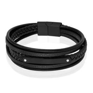Mendes Lederen Armband voor Mannen - Zwart, Met Graveerplaat en RVS Sluiting-23cm