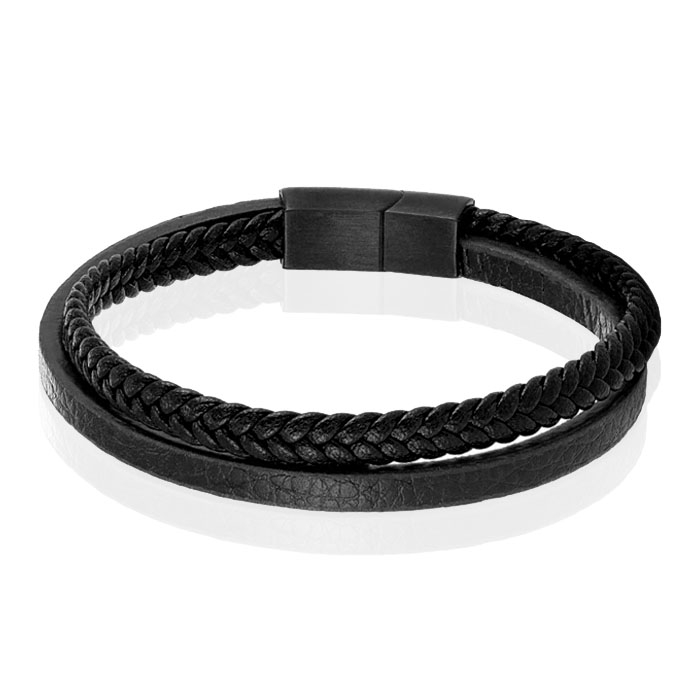 Mendes Minimalistische Heren Armband van Leer - 2 Strengen, Zwart-19cm 1 Mendes Minimalistische Heren Armband van Leer - 2 Strengen, Zwart-19cm