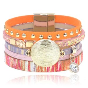 Oranje multicolor leren dames armband Ibiza stijl met bedels en studs
