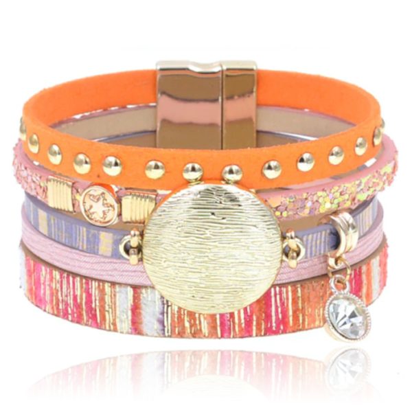 Oranje multicolor leren dames armband Ibiza stijl met bedels en studs