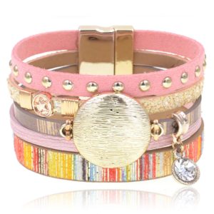 Roze multicolor leren dames armband Ibiza stijl met bedels en studs