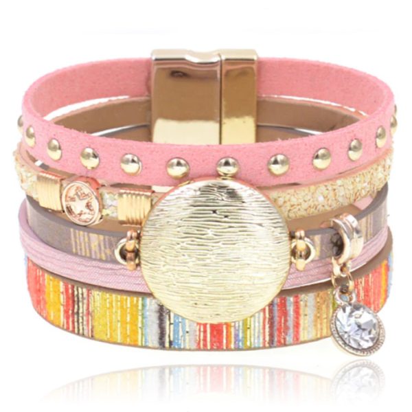Roze multicolor leren dames armband Ibiza stijl met bedels en studs