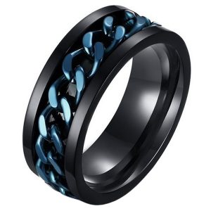 Stalen herenring met Cubaanse ketting Zwart Blauw-20mm
