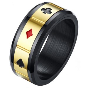 Stalen mannen ring Lucky Cards Spinner Goud Zwart-21mm