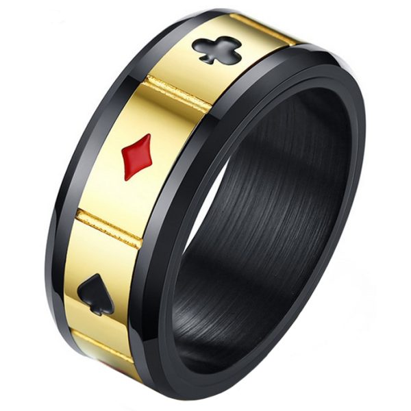Stalen mannen ring Lucky Cards Spinner Goud Zwart-21mm