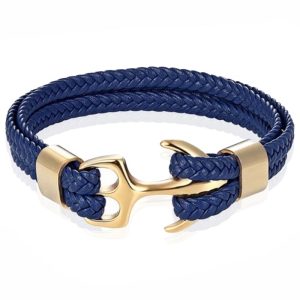 Tom Jaxon Heren armband Anker gevlochten Leer Goudkleurig Blauw - 18cm