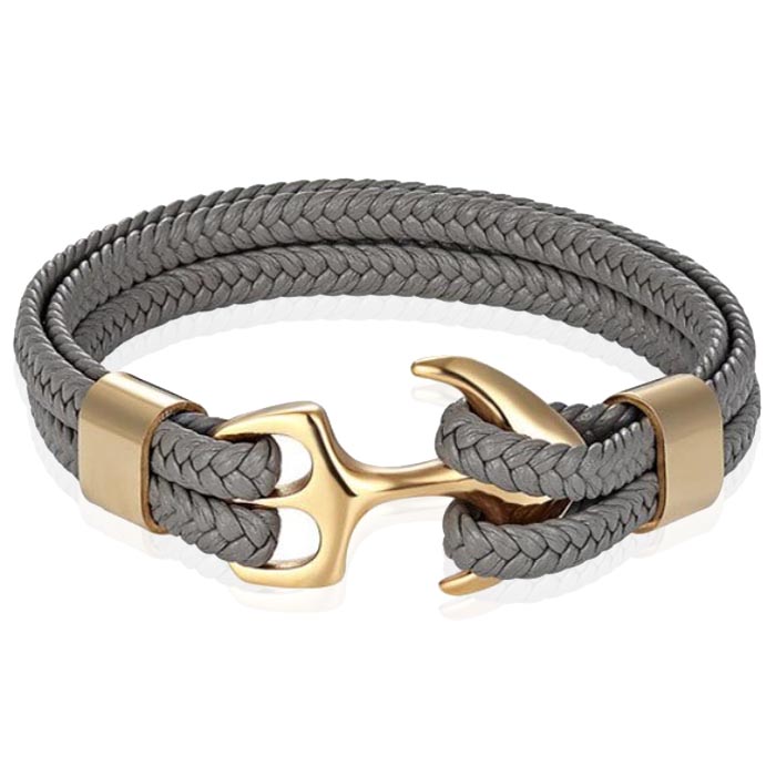 Tom Jaxon Heren armband Anker gevlochten Leer Goudkleurig Grijs - 18cm 1 Tom Jaxon Heren armband Anker gevlochten Leer Goudkleurig Grijs - 18cm