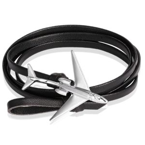Wrap armband Heren Leer Vliegtuig Anker Zwart Zilverkleurig