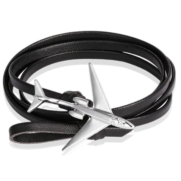 Wrap armband Heren Leer Vliegtuig Anker Zwart Zilverkleurig