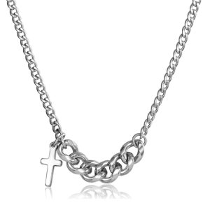 Zilverkleurige Heren Ketting Met Schakel en Kruis