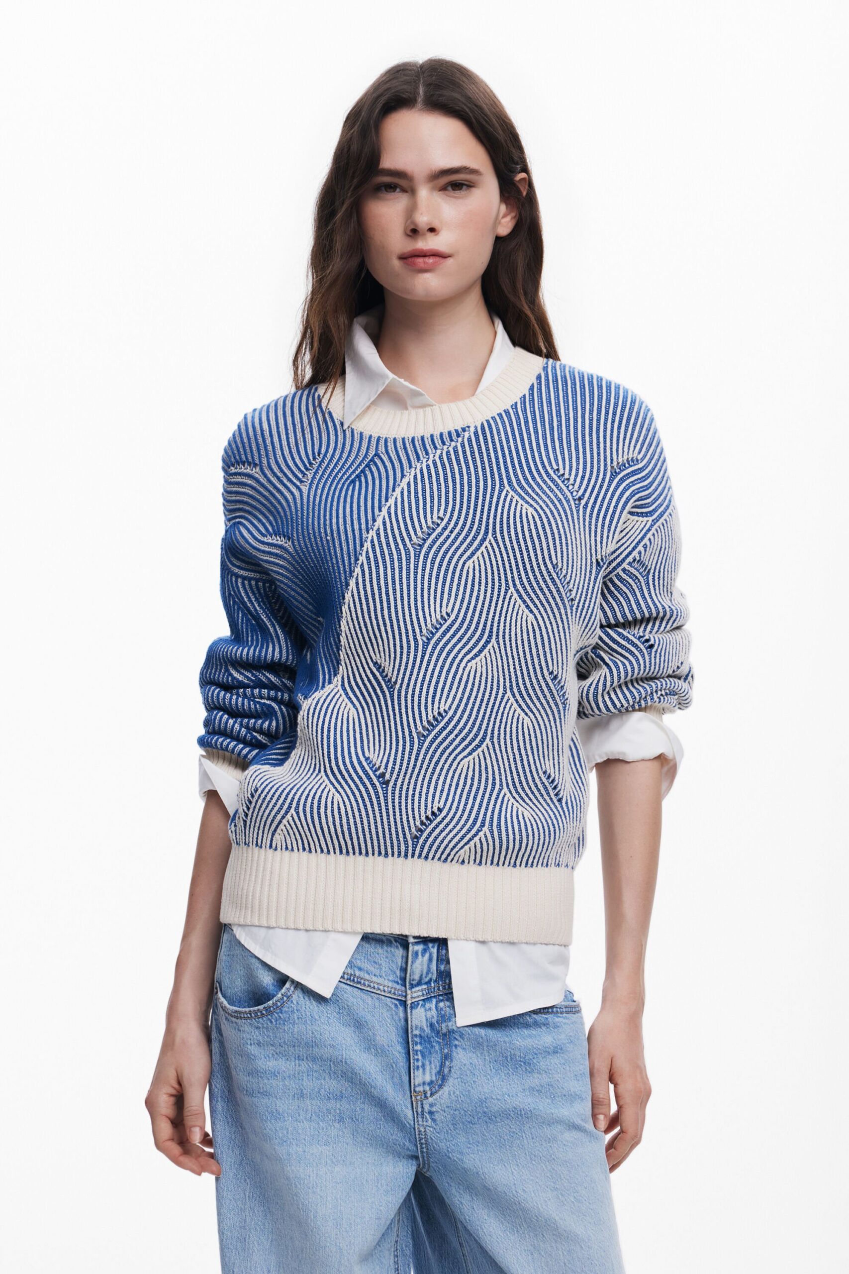 Tweekleurige gebreide trui - BLUE - L 1 Tweekleurige gebreide trui - BLUE - L