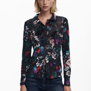 Bloemen tule shirt met knopen - BLACK - L