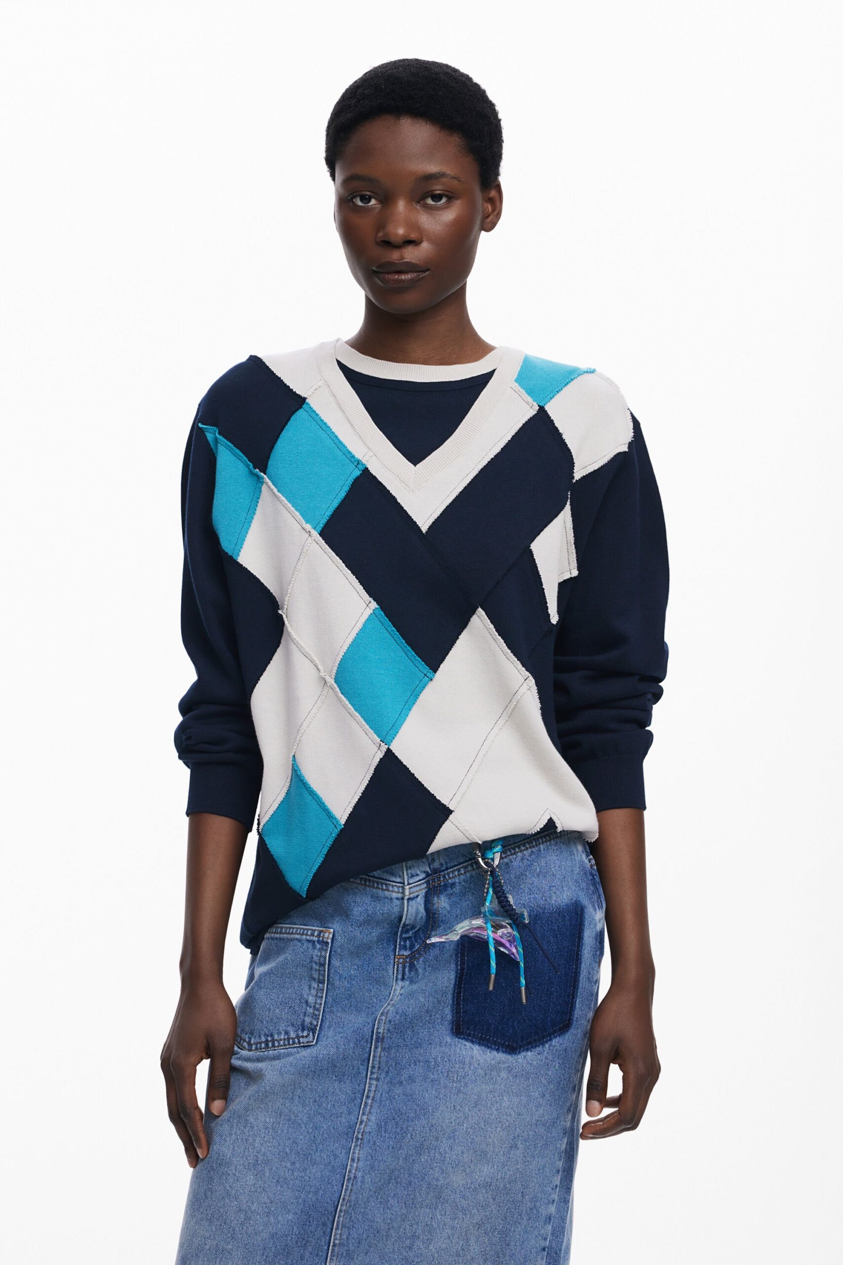 Dubbele kraag trui met ruiten Botter - BLUE - XL 1 Dubbele kraag trui met ruiten Botter - BLUE - XL