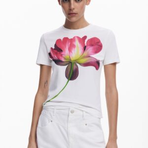 T-shirt met grote bloem - WHITE - XL