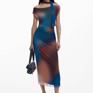 Gedrapeerde jurk met onregelmatige halslijn - BROWN - L