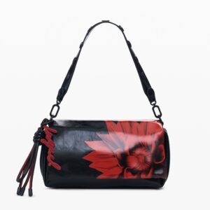 Middelgrote schoudertas met glanzende bloem - BLACK - U