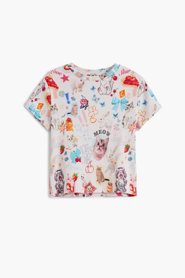 T-shirt met korte mouwen en kattenprint - WHITE - 9/10