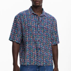 Kortemouw shirt met etnische borduursels - BLUE - M