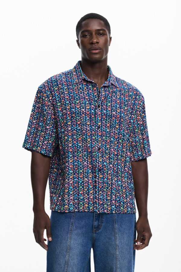 Kortemouw shirt met etnische borduursels - BLUE - M