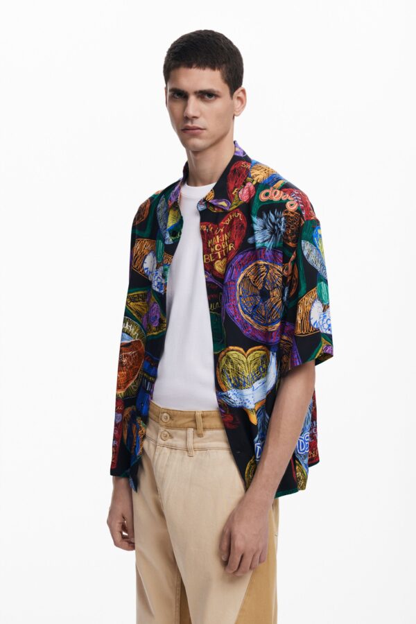 Kortemouw overhemd met fruitprint - BLACK - M