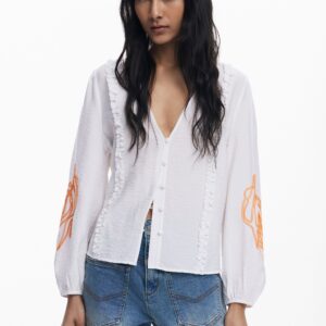 Ballonblouse met bladeren - WHITE - XL